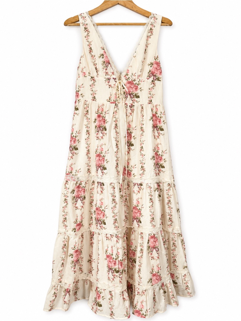 CIDER Floral Lace Trim Tiered Maxi Dress Cream Pink Rose Cottagecore Size L